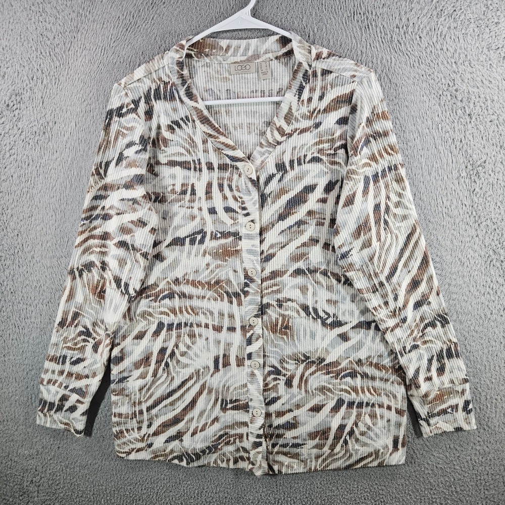 LOGO Lori Goldstein Womens Medium Ribbed Knit Animal Print Button Front Cardigan